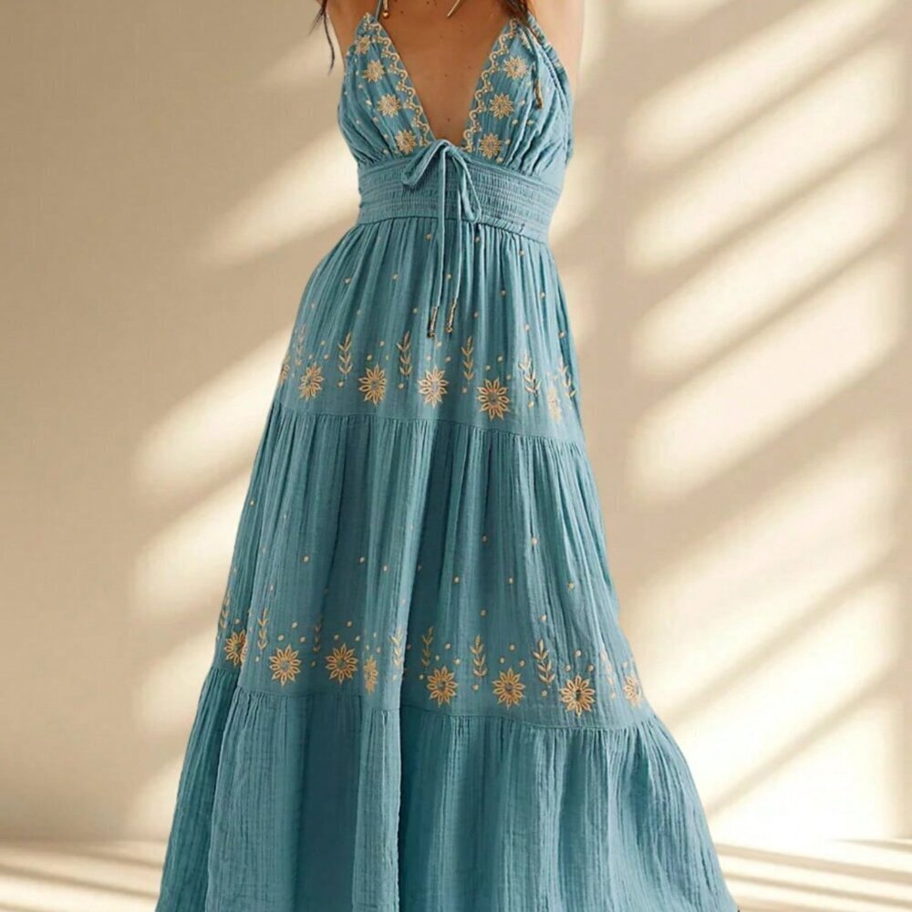 Blue Boho Women's Floral Maxi Beach Sundress